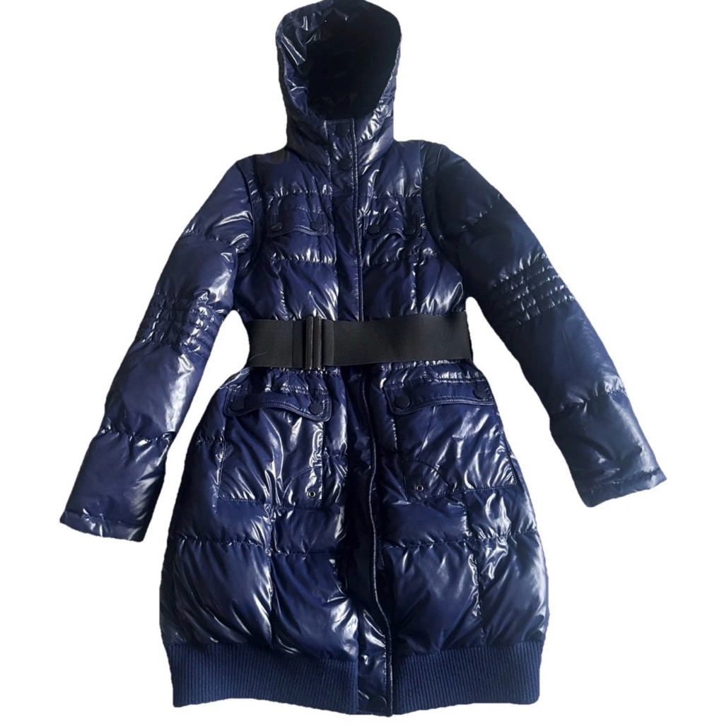 Pinko Crystal Nylon Jacket Hooded Puffer Us 4 Blue Shiny Long Feather Down